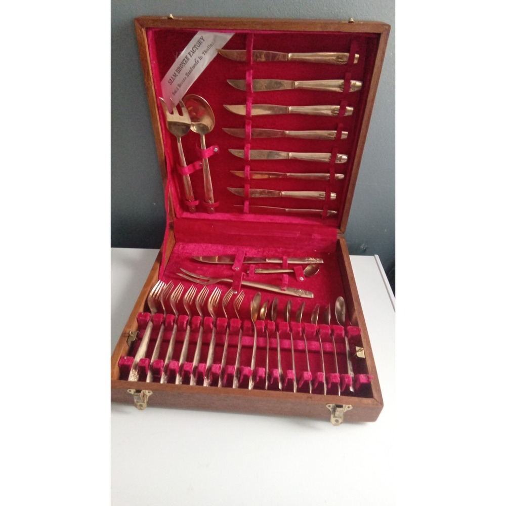 Siam Bronze Flatware Set Gold‎ Bronze Cutlery Service for 6 in Wood Case